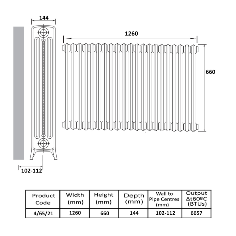 MaxHeat Heritage 4-Column Cast Iron Radiator 660mm High x 1260mm Wide - 21 Sections Primer Finish