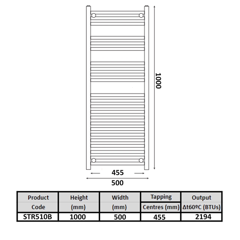 MaxHeat K-Rail Straight Heated Towel Rail 1000mm H x 500mm W - Black