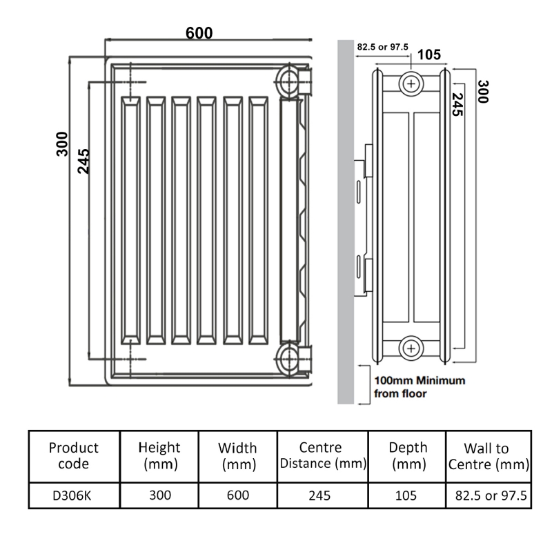 Prestige Kompact Radiator 300mm H x 600mm W Double Convector