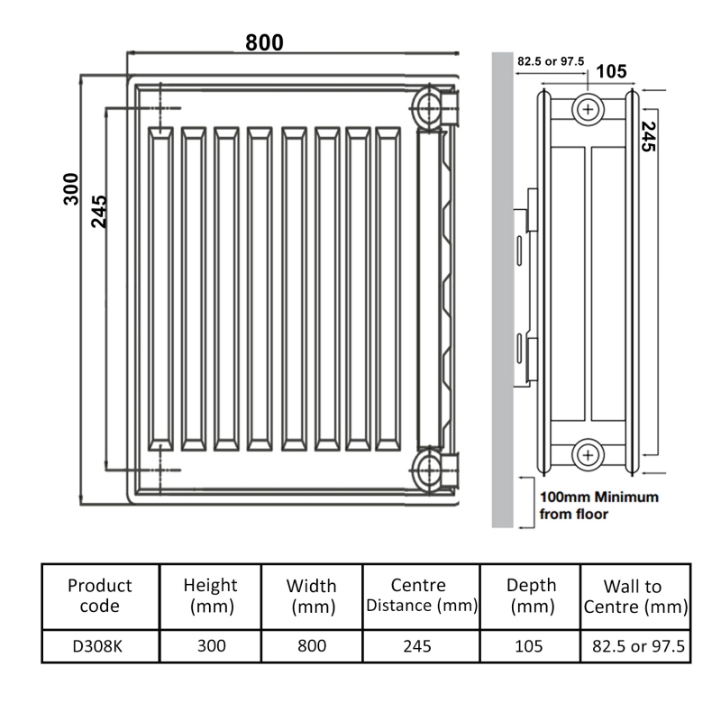 Prestige Kompact Radiator 300mm H x 800mm W Double Convector