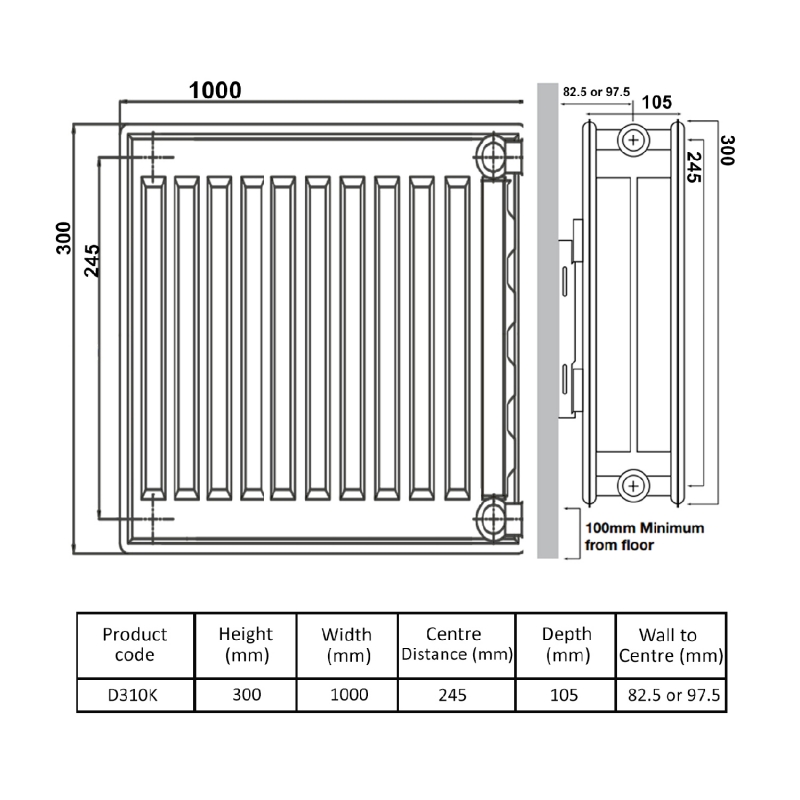 Prestige Kompact Radiator 300mm H x 1000mm W Double Convector