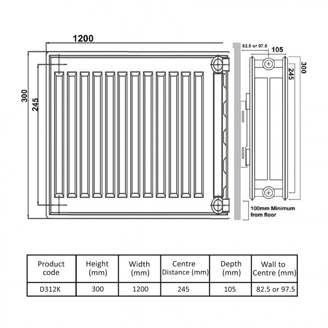 Prestige Kompact Radiator 300mm H x 1200mm W Double Convector