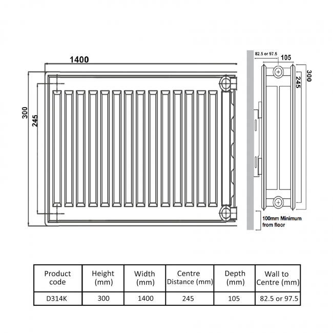 Prestige Kompact Radiator 300mm H x 1400mm W Double Convector