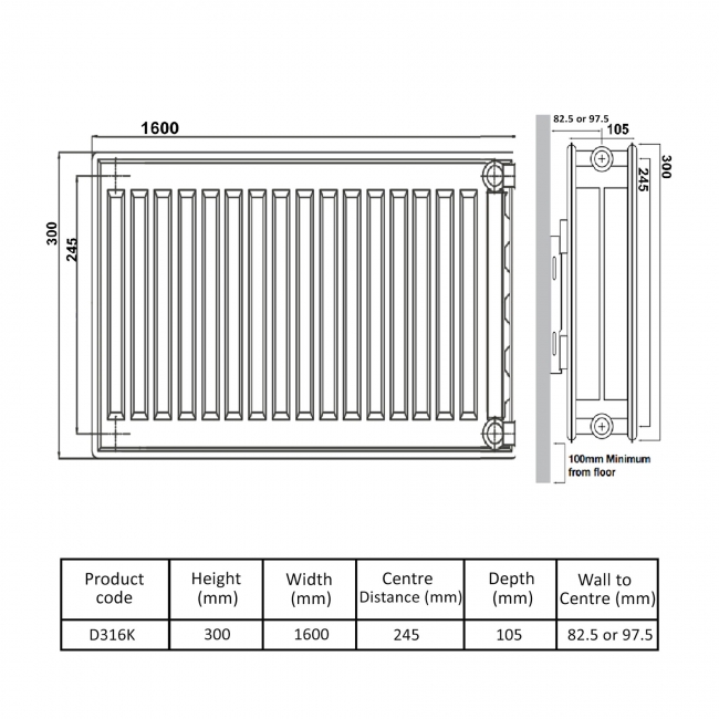 Prestige Kompact Radiator 300mm H x 1600mm W Double Convector