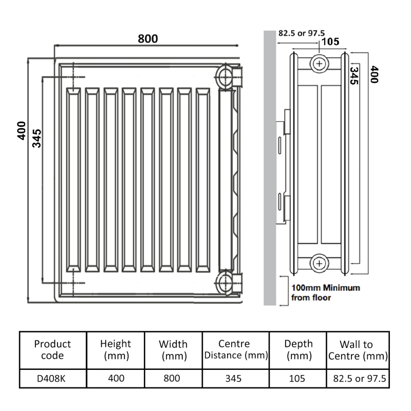 Prestige Kompact Radiator 400mm H x 800mm W Double Convector