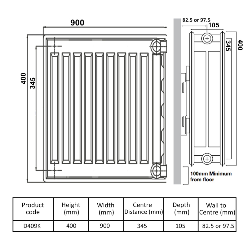 Prestige Kompact Radiator 400mm H x 900mm W Double Convector