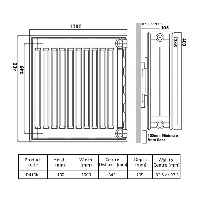 Prestige Kompact Radiator 400mm H x 1000mm W Double Convector