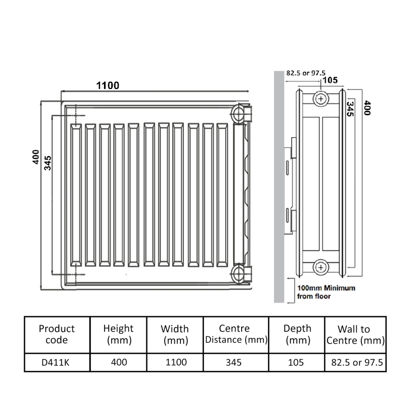 Prestige Kompact Radiator 400mm H x 1100mm W Double Convector
