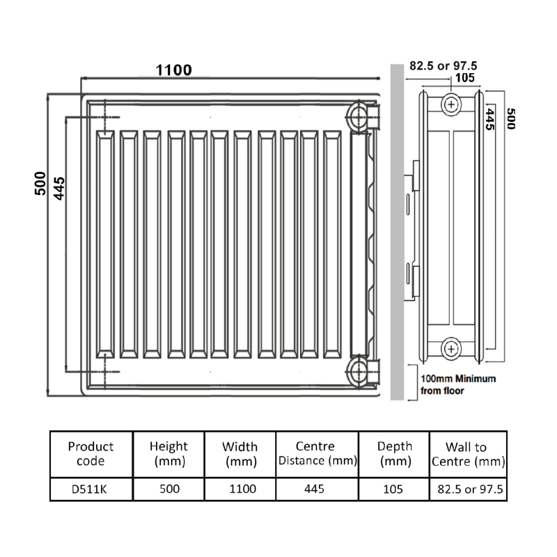 Prestige Kompact Radiator 500mm H x 1100mm W Double Convector
