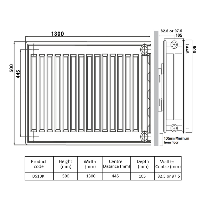 Prestige Kompact Radiator 500mm H x 1300mm W Double Convector