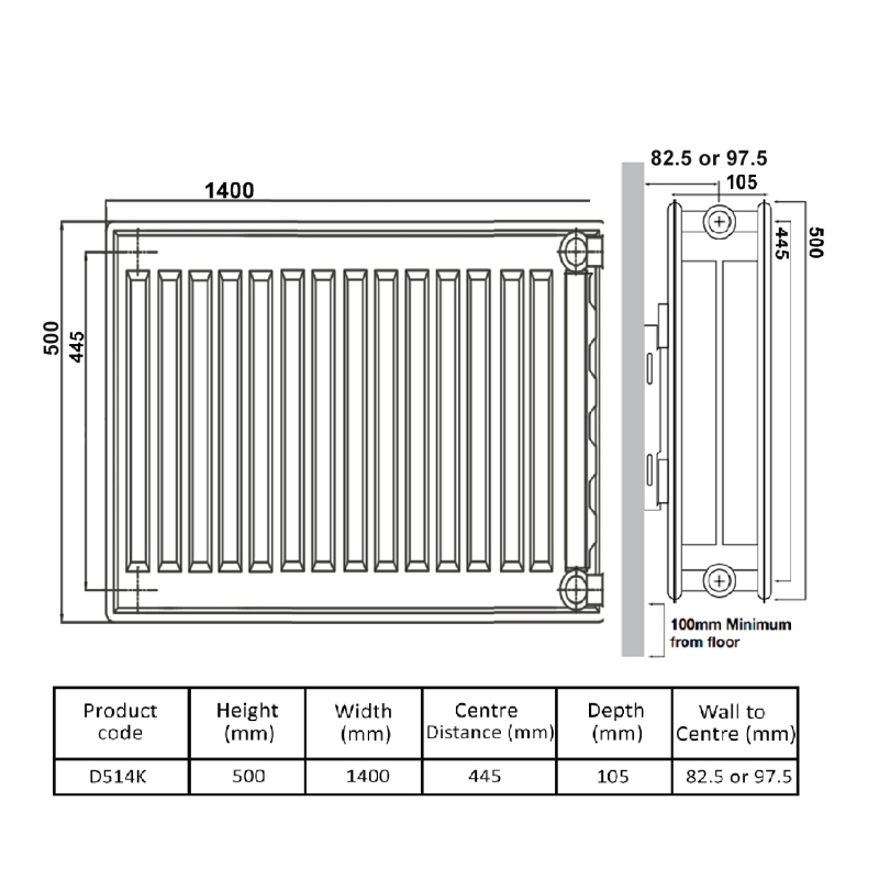 Prestige Kompact Radiator 500mm H x 1400mm W Double Convector