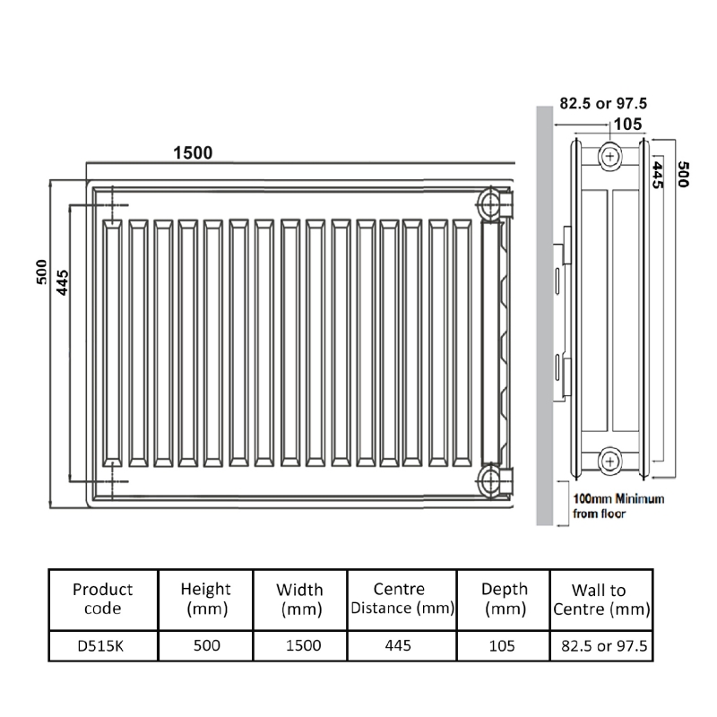 Prestige Kompact Radiator 500mm H x 1500mm W Double Convector