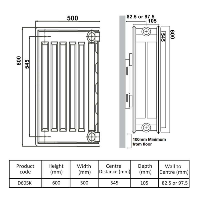 Prestige Kompact Radiator 600mm H x 500mm W Double Convector