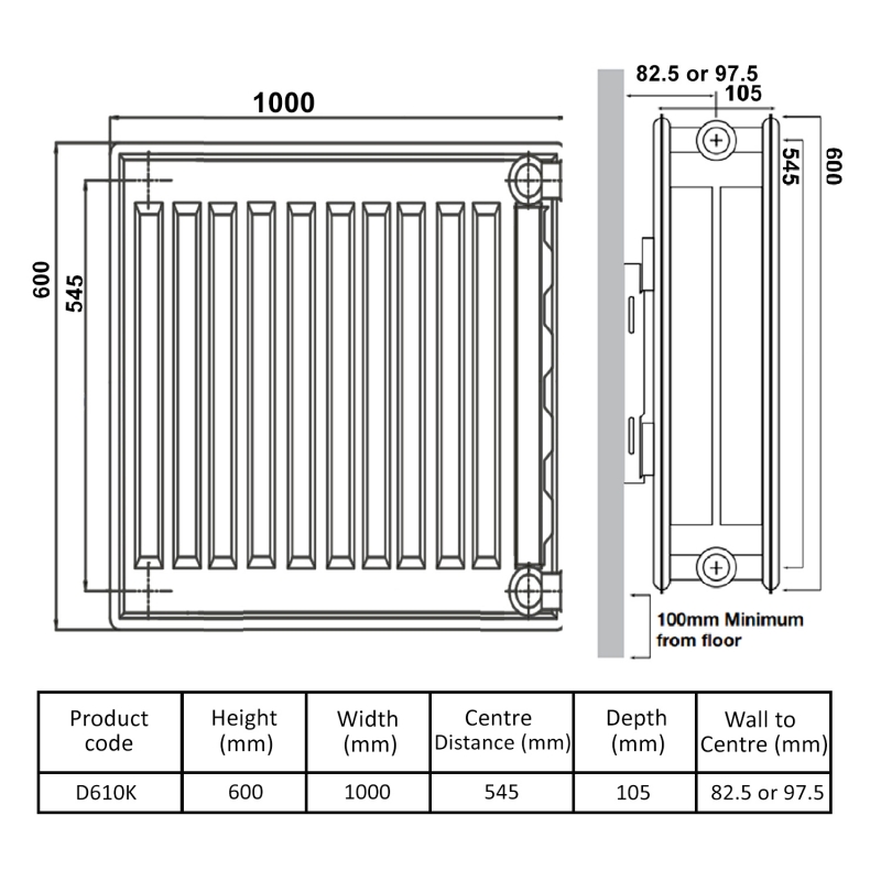Prestige Kompact Radiator 600mm H x 1000mm W Double Convector