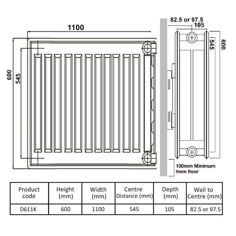 Prestige Kompact Radiator 600mm H x 1100mm W Double Convector