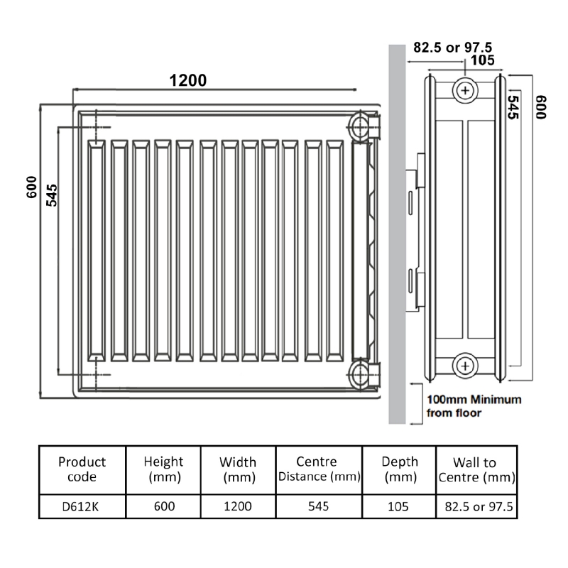 Prestige Kompact Radiator 600mm H x 1200mm W Double Convector