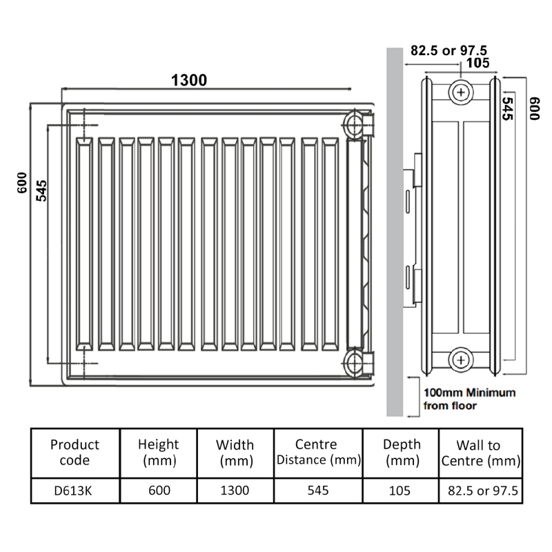 Prestige Kompact Radiator 600mm H x 1300mm W Double Convector