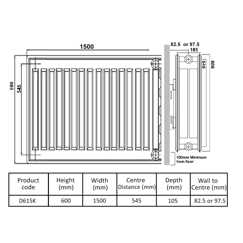 Prestige Kompact Radiator 600mm H x 1500mm W Double Convector