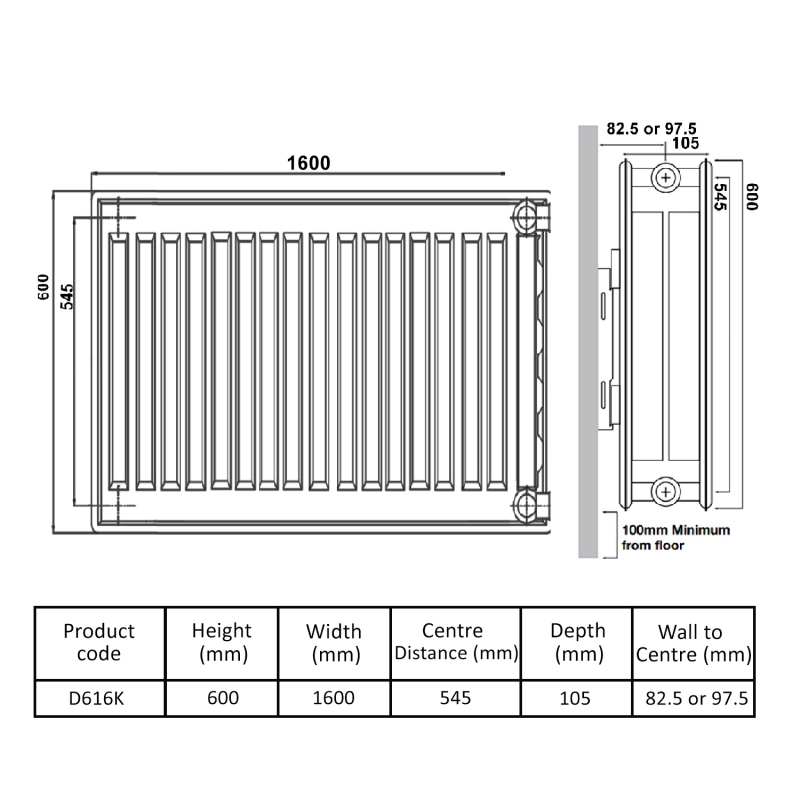 Prestige Kompact Radiator 600mm H x 1600mm W Double Convector