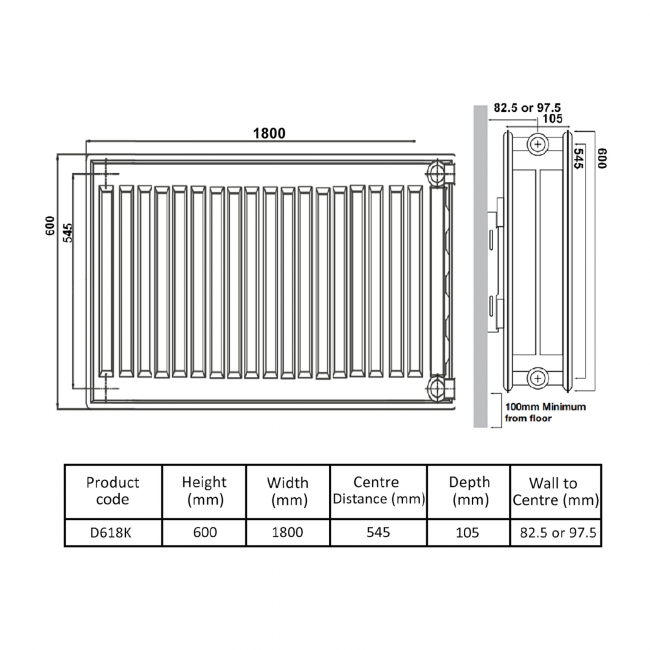 Prestige Kompact Radiator 600mm H x 1800mm W Double Convector