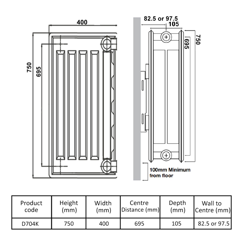Prestige Kompact Radiator 750mm H x 400mm W Double Convector