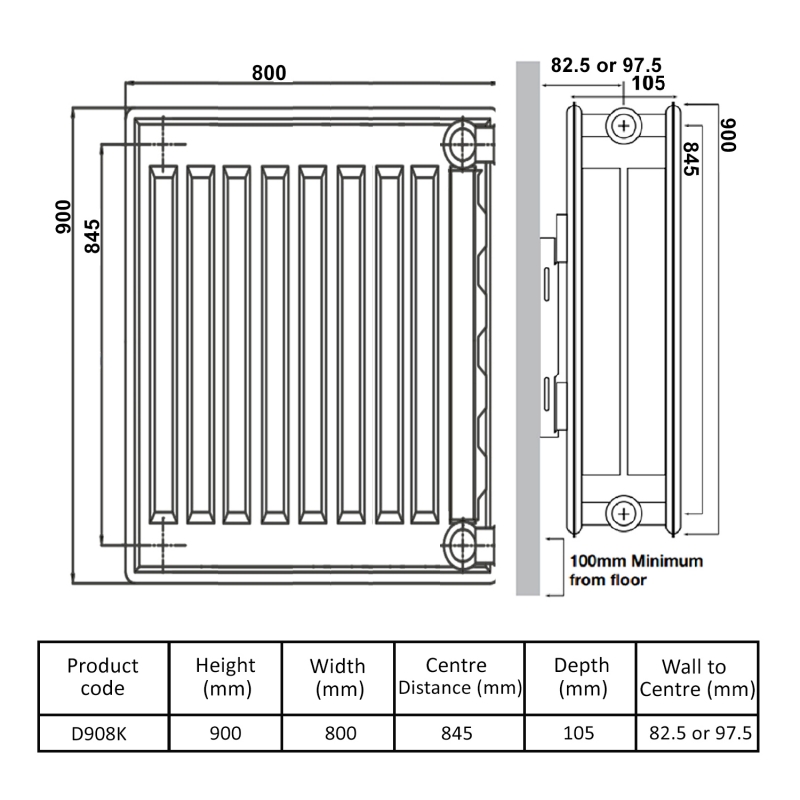 Prestige Kompact Radiator 900mm H x 800mm W Double Convector