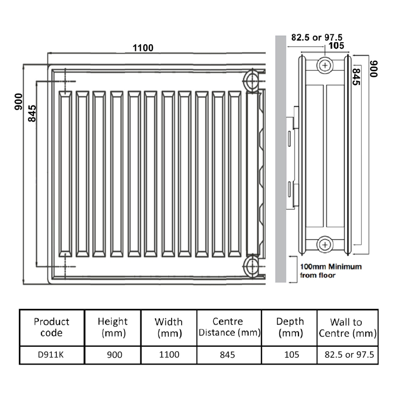 Prestige Kompact Radiator 900mm H x 1100mm W Double Convector