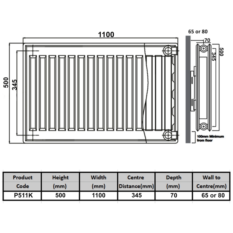 Prestige Kompact Radiator 500mm H x 1100mm W Double Panel Plus  | Dimension Image