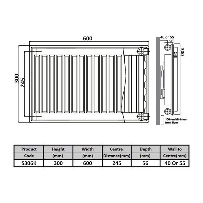 Prestige Kompact Radiator 300mm H x 600mm W Single Convector  | Dimension Image