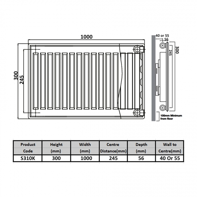 Prestige Kompact Radiator 300mm H x 1000mm W Single Convector