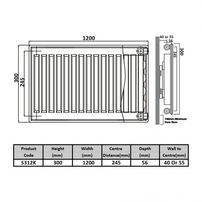 Prestige Kompact Radiator 300mm H x 1200mm W Single Convector