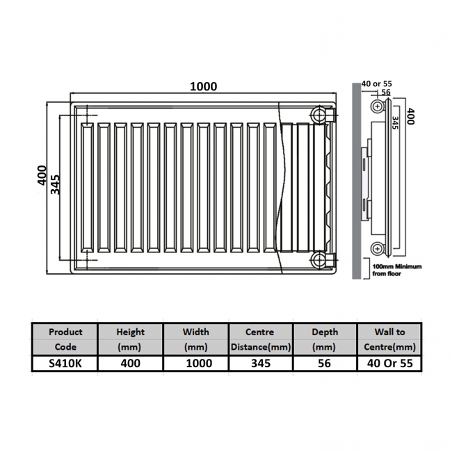 Prestige Kompact Radiator 400mm H x 1000mm W Single Convector  | Dimension Image