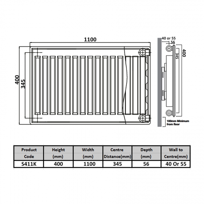 Prestige Kompact Radiator 400mm H x 1100mm W Single Convector