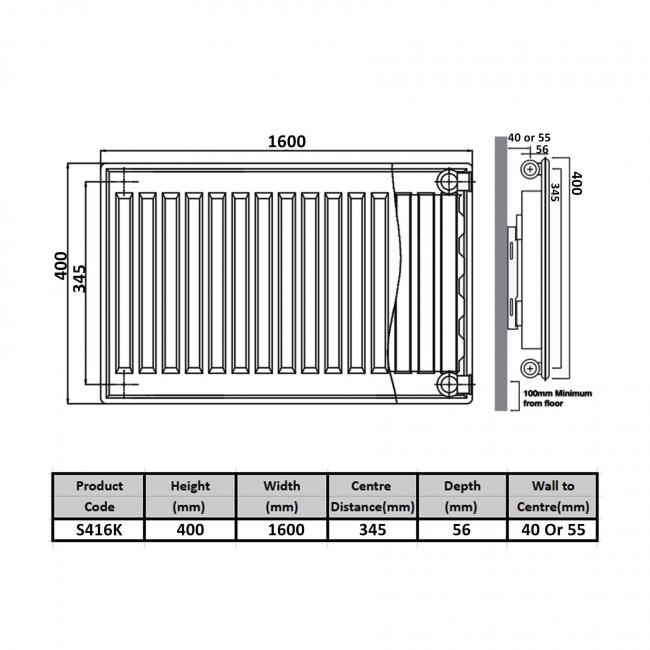 Prestige Kompact Radiator 400mm H x 1600mm W Single Convector  | Dimension Image