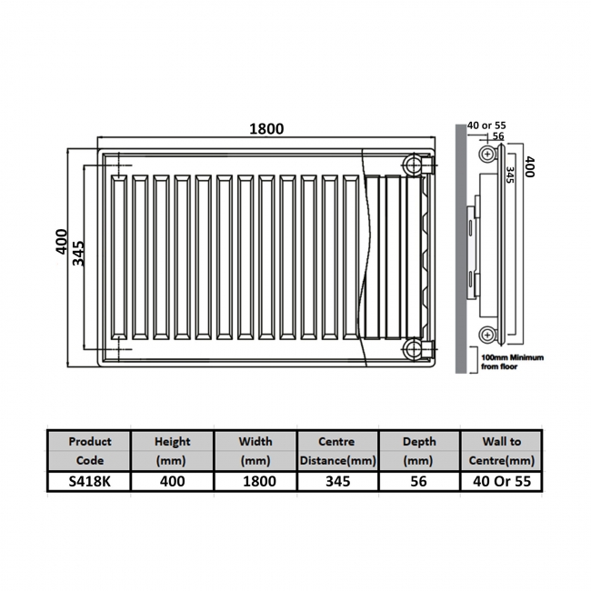 Prestige Kompact Radiator 400mm H x 1800mm W Single Convector