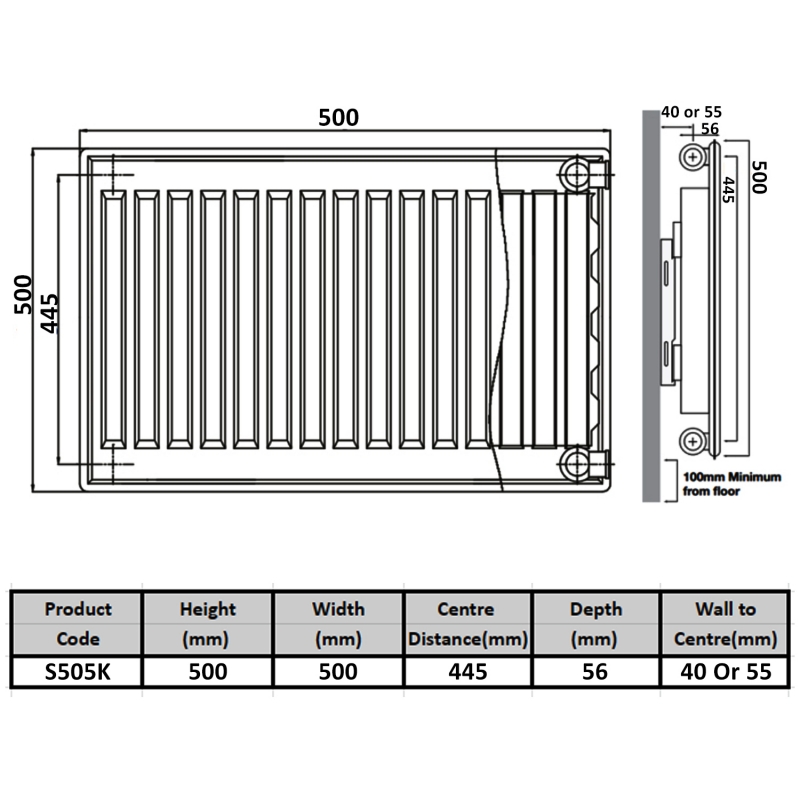 Prestige Kompact Radiator 500mm H x 500mm W Single Convector  | Dimension Image