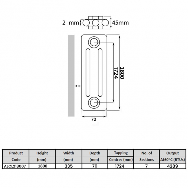 MaxHeat Laser Klassic 2-Column Radiator 1800mm High x 335mm Wide 7 Sections - Anthracite