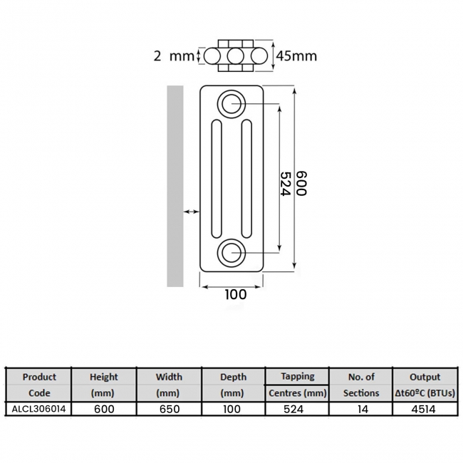 MaxHeat Laser Klassic 3-Column Radiator 600mm High x 650mm Wide 14 Sections - Anthracite