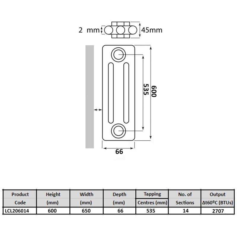 MaxHeat Tubular 2-Column Radiator 600mm H x 650mm W 14 Sections - White