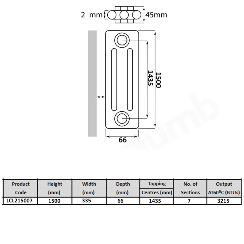 MaxHeat Tubular 2-Column Radiator 1500mm H x 335mm W 7 Sections - White