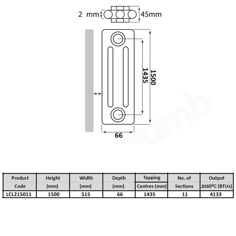 MaxHeat Tubular 2-Column Radiator 1500mm H x 515mm W 11 Sections - White