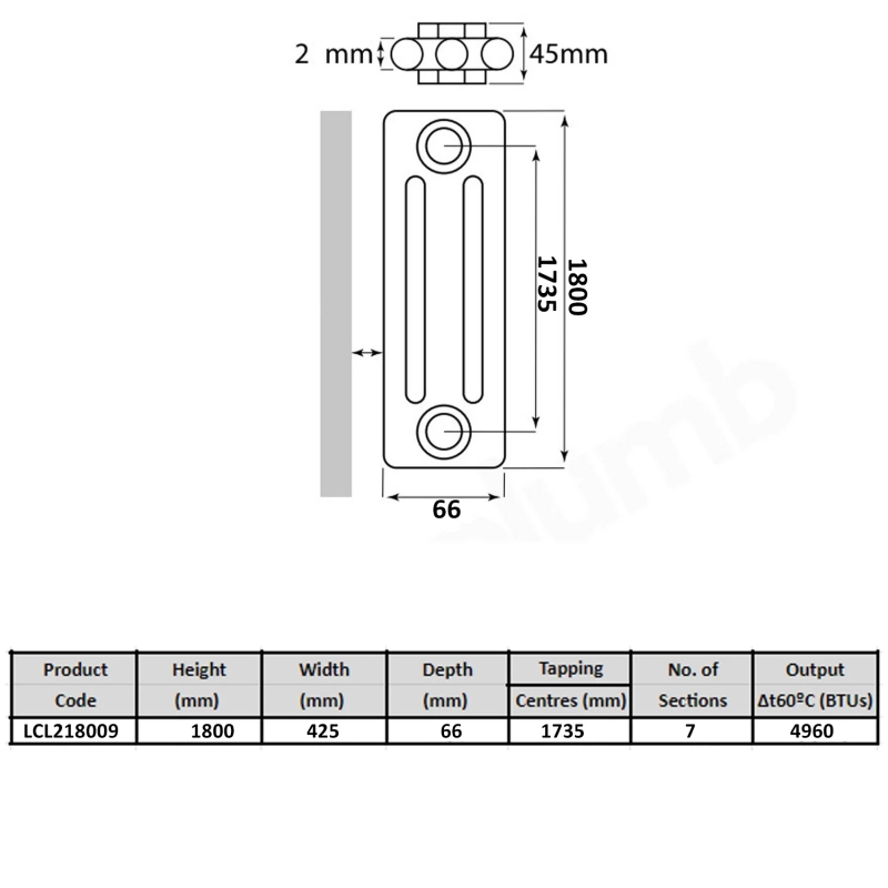 MaxHeat Tubular 2-Column Radiator 1800mm H x 425mm W 9 Sections - White