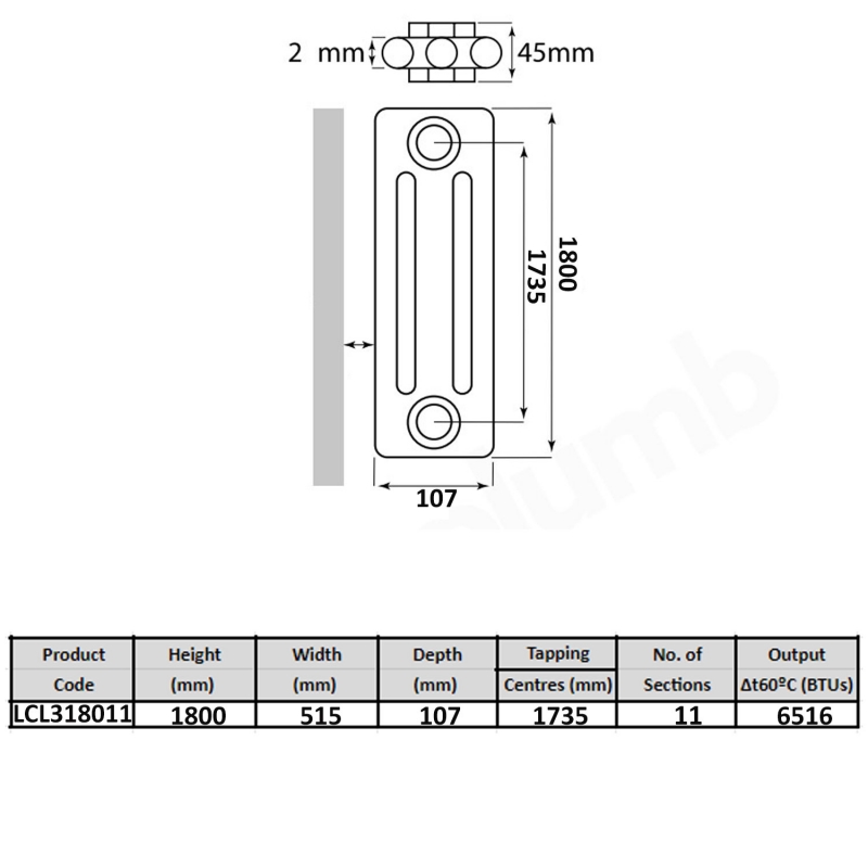 MaxHeat Tubular 3-Column Radiator 1800mm H x 506mm W 11 Sections - White