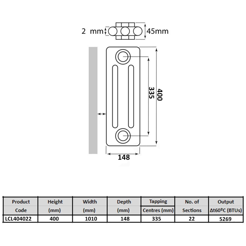 MaxHeat Tubular 4-Column Radiator 400mm H x 1010mm W 22 Sections - White