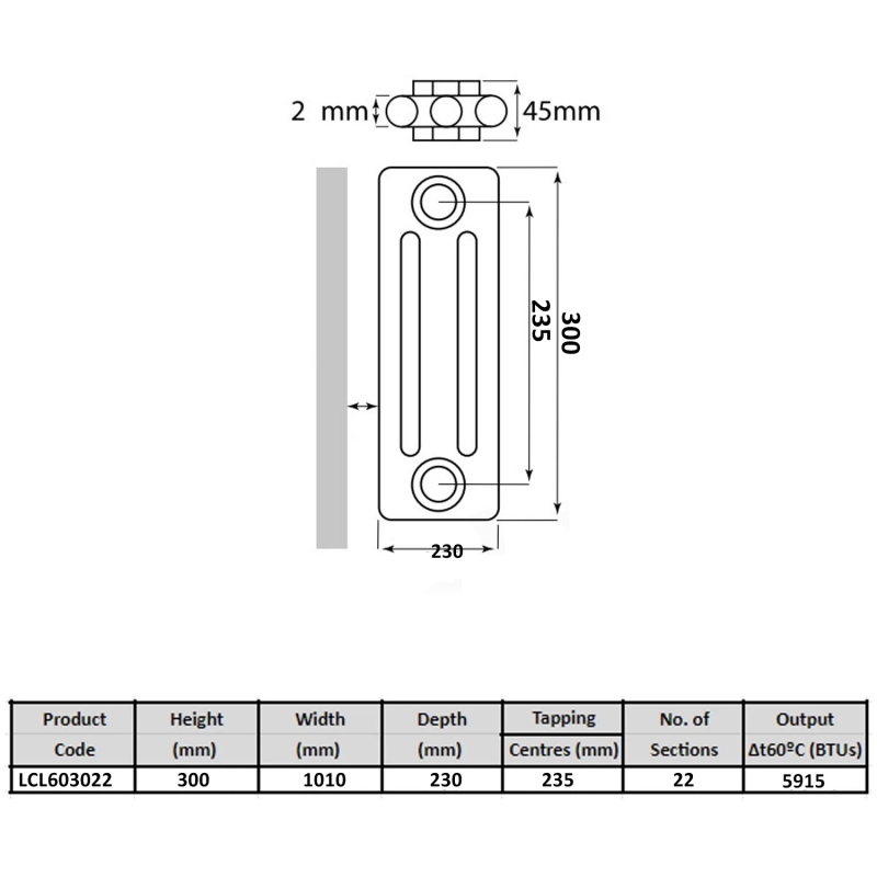 MaxHeat Tubular 6-Column Radiator 300mm H x 1010mm W 22 Sections - White