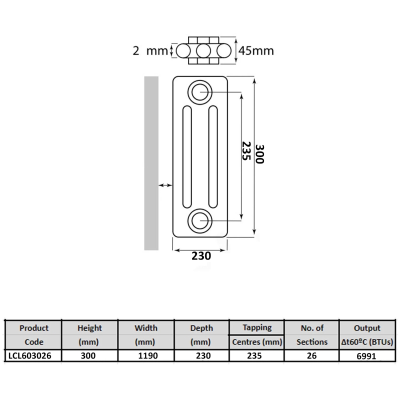 MaxHeat Tubular 6-Column Radiator 300mm H x 1190mm W 26 Sections - White