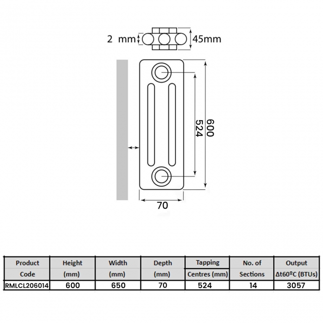 MaxHeat Laser Klassic 2-Column Radiator 600mm High x 650mm Wide 14 Sections - Raw Metal