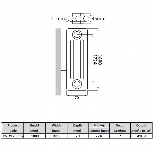 MaxHeat Laser Klassic 2-Column Radiator 1800mm High x 335mm Wide 7 Sections - Raw Metal