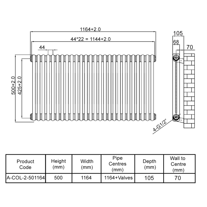 MaxHeat Octavius 2-Column Horizontal Radiator 500mm H x 1164mm W - Anthracite