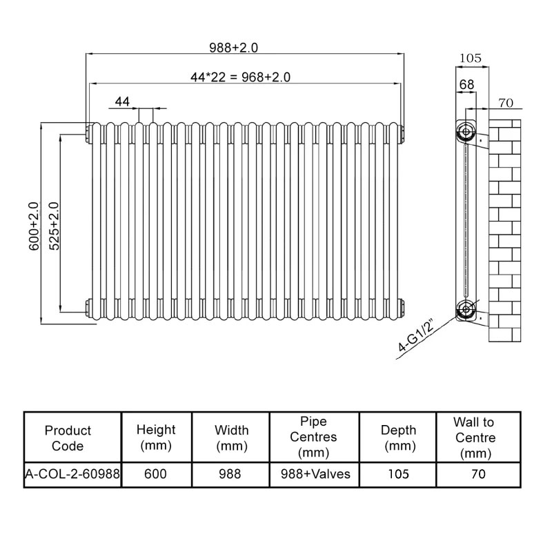 MaxHeat Octavius 2-Column Horizontal Radiator 600mm H x 988mm W - Anthracite